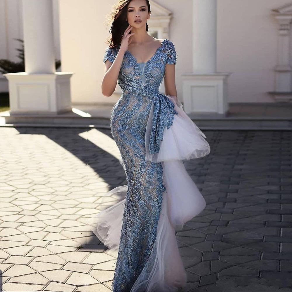 

Stunning Light Blue Arabic Mermaid Evening Dresses Full Bodice Lace Beads Cap Sleeve V Neck Peplum With Tulle Long Pageant Gowns, Lavender