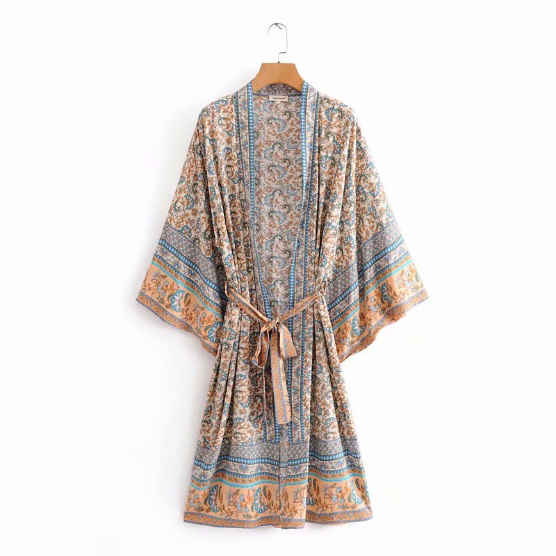 

women fashion position flower printing casual loose kimono Shirts blouses women batwing sleeve sashes cardigan long tops LS4528, Tdd ls4528r