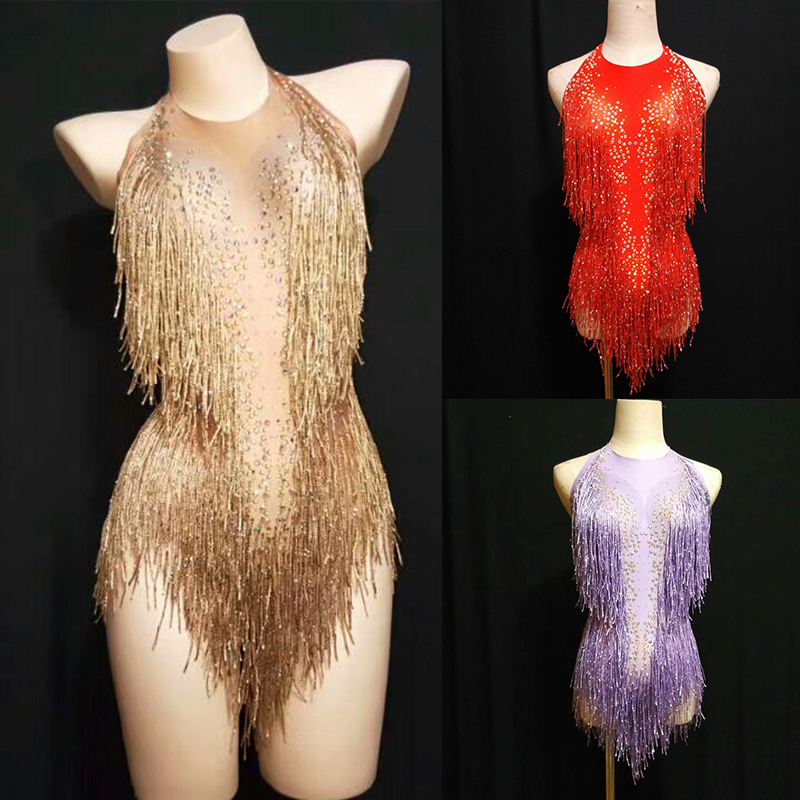 

Sparkly Gold Rhinestones Tassel Bodysuit Female Singer DJ Sexy Holographic Leotard Jazz Beyonce Costume Crystals Outfit DL1012, Black