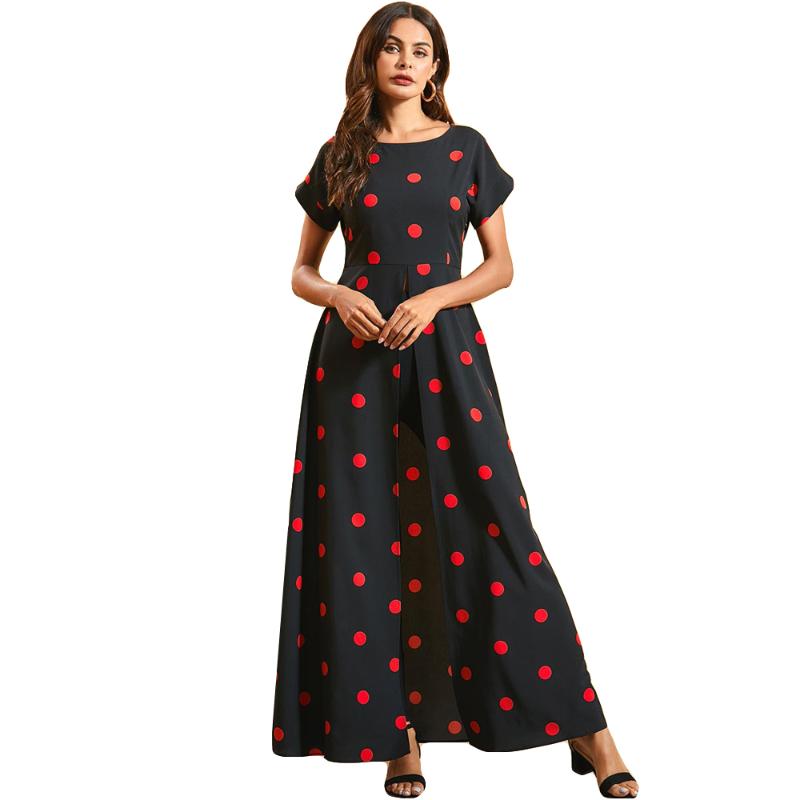 

2020 New Bohemian Maxi Dress Women Summer High Slit Long Dresses Polka Dot Vintage Dress Kaftan Holiday Beach Sundress Vestidos, Black