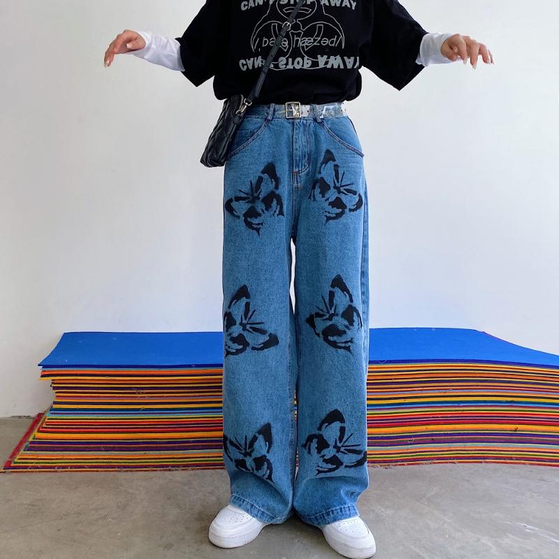 

Women Jeans Straight Harajuku Butterfly Print Graffiti High Waist Korean Style Grunge Pants Women Clothing Streetwear Hip Hop, Blue jeans
