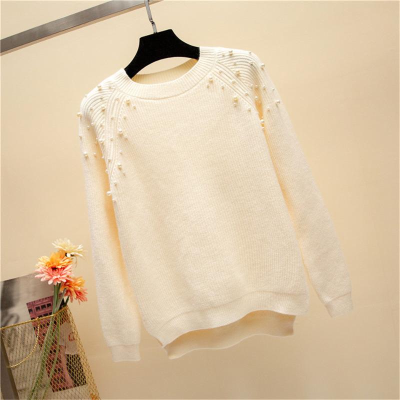 

Beading Soft Women Fall Fashion All Match Solid Knitted Sweater Pullover Pull Femme 2019 New Winter Long Sleeve O-Neck Sweaters, Brown