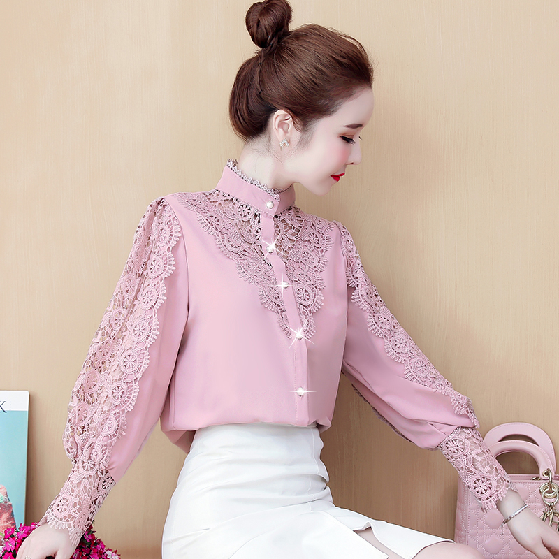 

2020 new lace stand collar hollow stitching shirt Korean version sweet crochet hollow long sleeve chiffon shirt, Pink