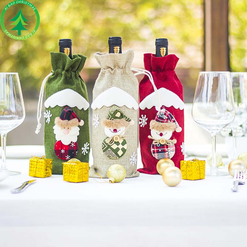 

Merry Christmas Red Wine Bottle Cover Bags Santa Claus Ornament Dinner Party Xmas Tree Doll Gift Home Winter Table Decoration
