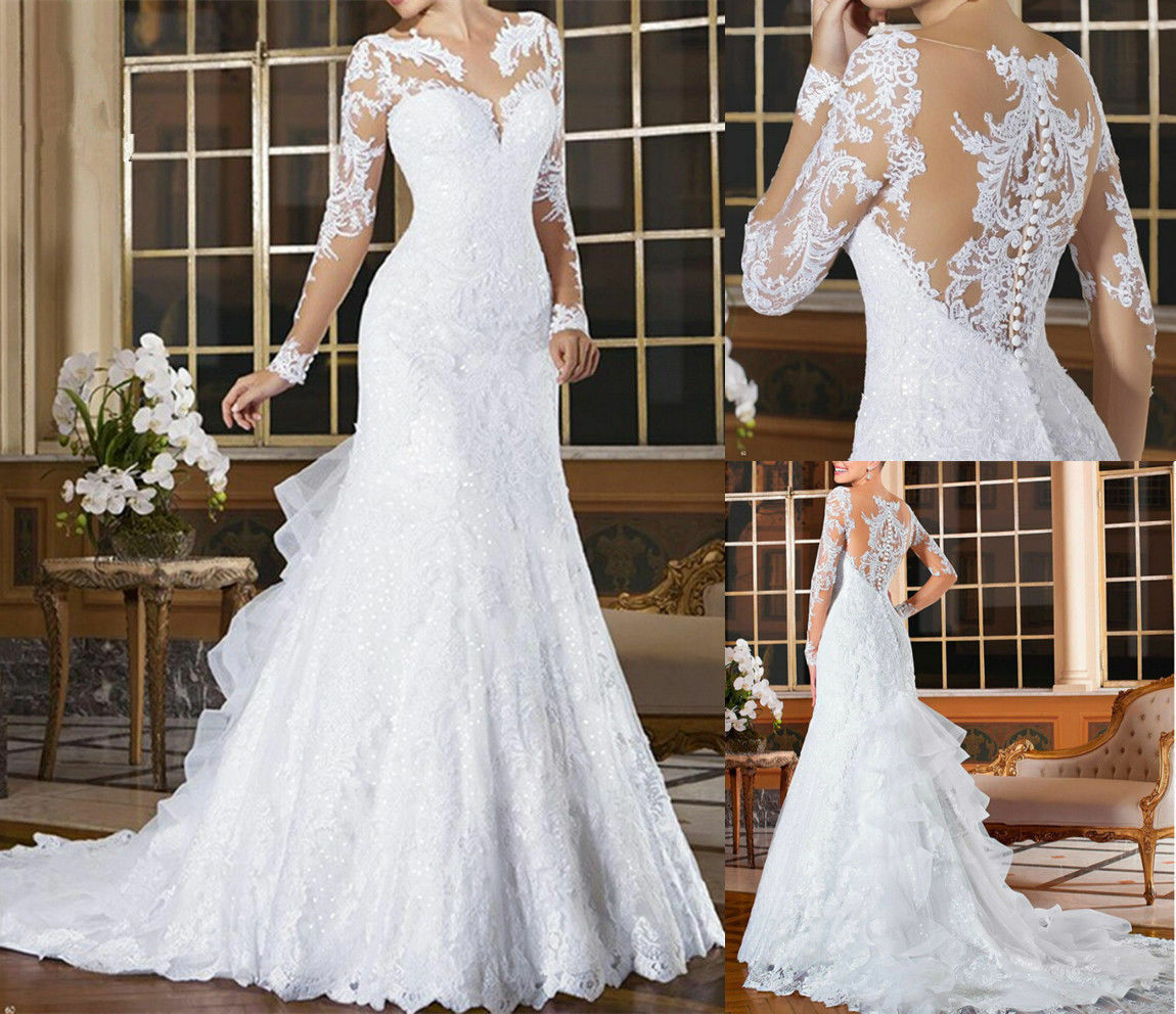 

White Mermaid Wedding Dresses Sheer Neck Lace Flower Appliques Long Sleeve Bridal Gowns Illusion Back Ruffels Sweep Train Wedding Dress, Light sky blue