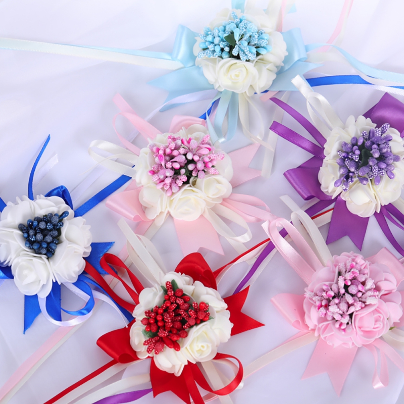 

Artificial Flowers Corsage Wrist Wedding Party Prom Hand Flower Decor For Bridal, Red
