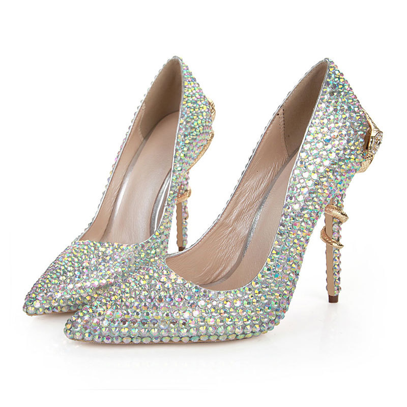 

Luxury rhinestone wedding dress shoes 11cm stiletto heels genuine leather sexy lady banquet pumps fashion pointed snake-shaped single shoe, Picture color