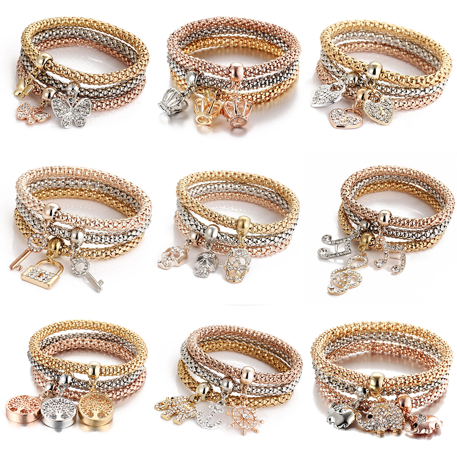 

3 color/set Tree of Life bracelets women Crystal Crown Musical symbol Elephant Key lock owl Charm Wrap bracelet For Men Jewelry Bulk