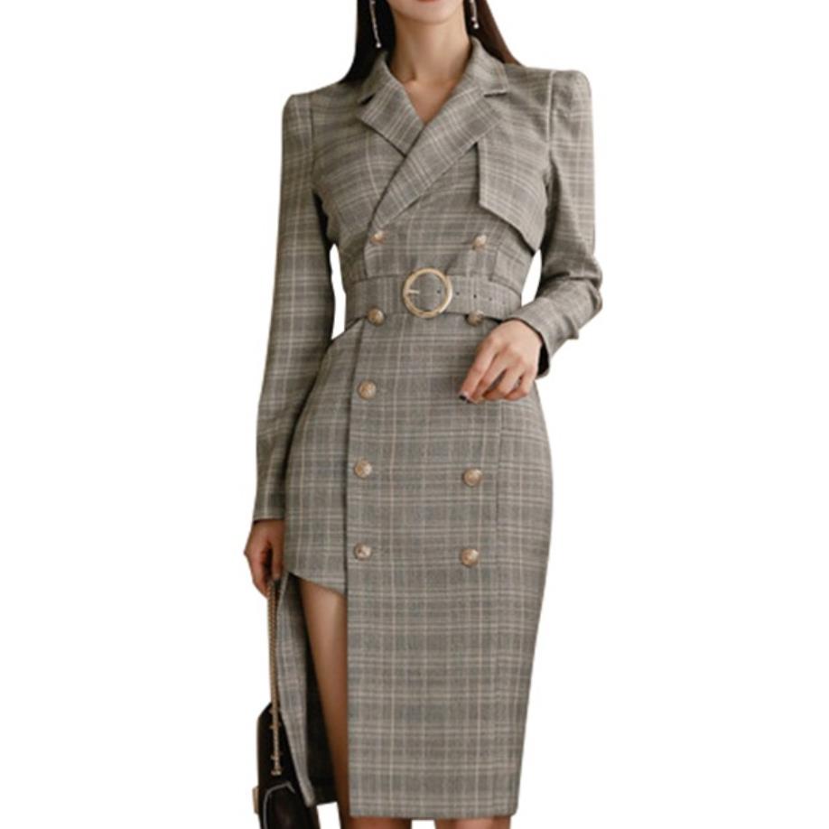 

New Office Lady 2019 Autumn Women Double-breasted Long Blazers Suit Collar Blaser Coat Long Sleeve Irregular Blazers, As photo