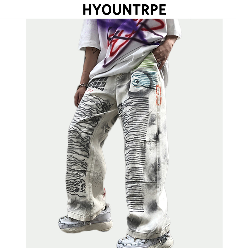 

Mens High Street Graffiti Printed Pants Casual Straight Zipper Trouser Hip Hop Streetwear Spring New Fashion Loose Joggers Pants, Picture color