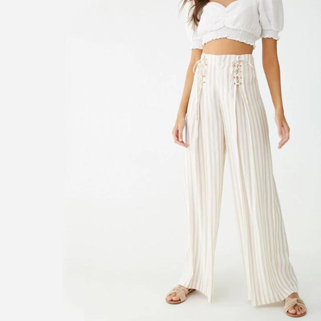 

Lace Up Striped Loose Wide Leg Pants Women Jogger Pants Custom Sweat Track High Waist Trousers