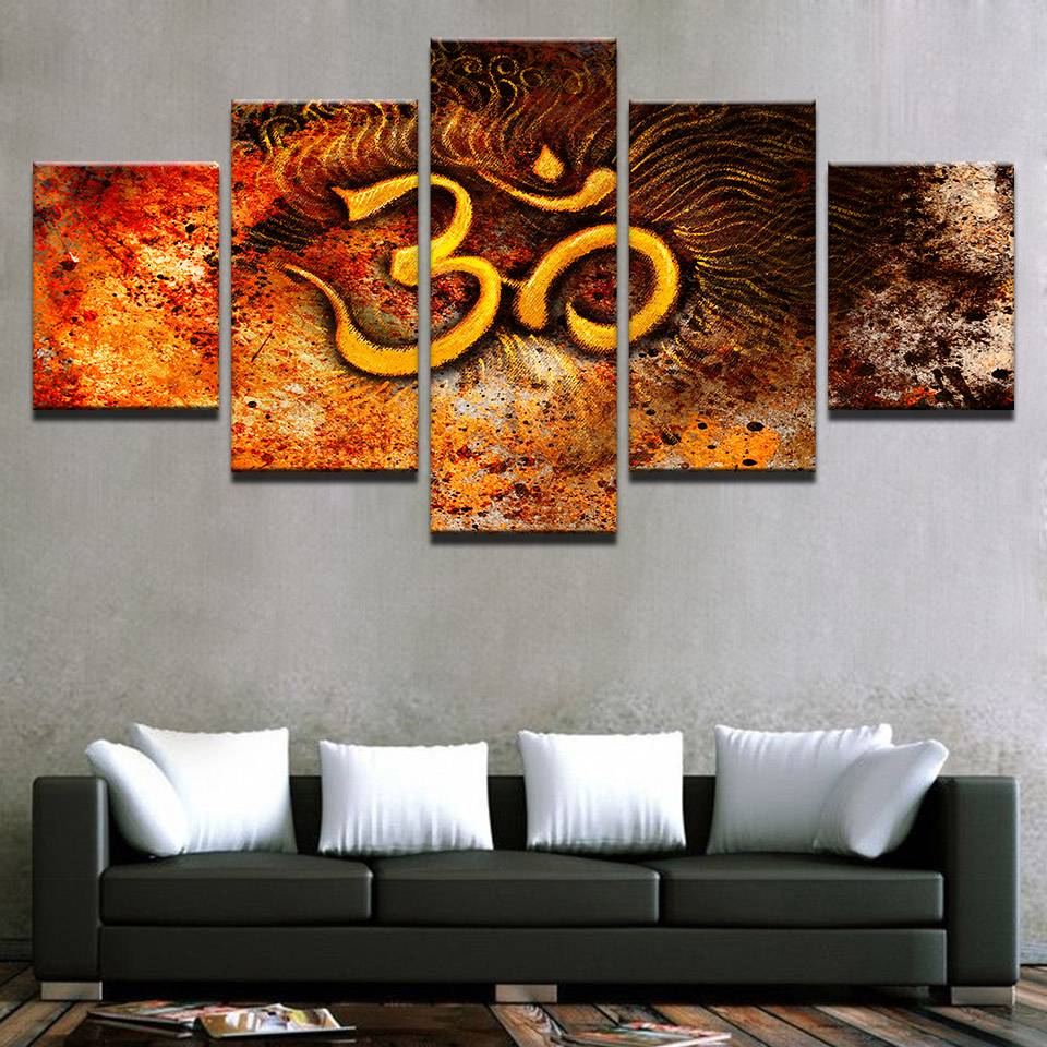 

Canvas HD Prints Paintings 5 Pieces Golden Mystical OM Symbol Pictures Wall Art India Om Abstract Posters Home Decor(No Frame)