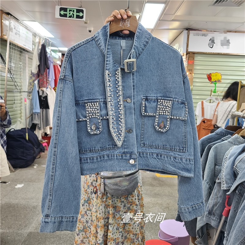 

2020 Spring Autmn New Denim Jacket for Womens Heavy Nail Drill Irregular Collar Fashion Short Jeans Coat Female Cowboy Jackets, Blue