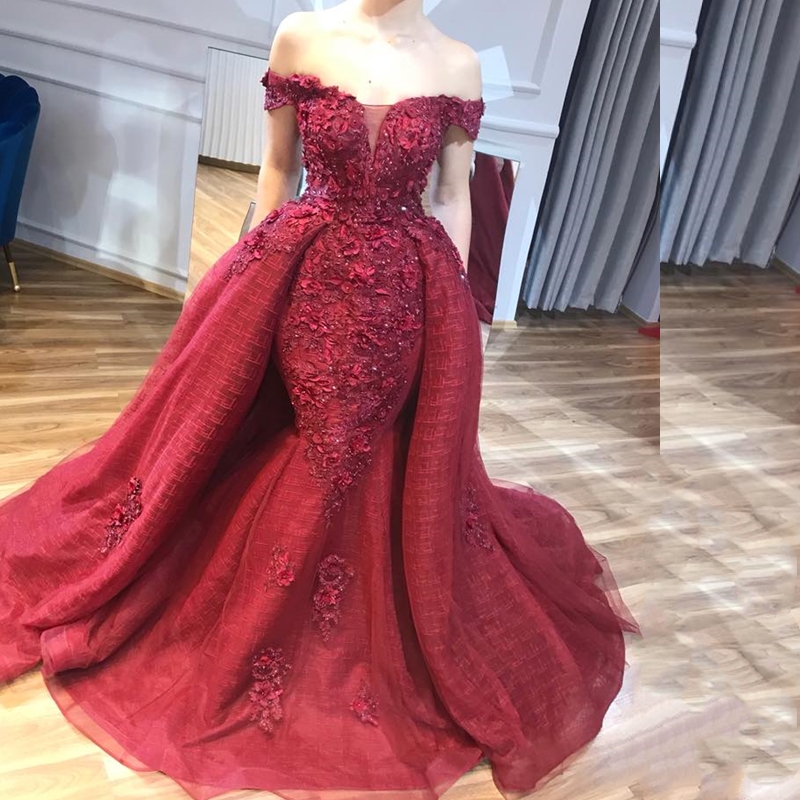 

Abendkleider Dubai Wine Red Lace Beaded Mermaid Evening Dresses 2019 With Detachable Train 3D Flower Prom Gowns Abiye, Gray