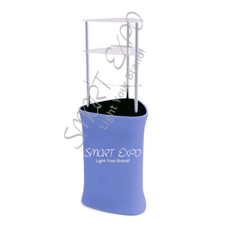 

Triangular Exhibition Counter Display Rack With HDF Top-Bottom Boards Thick Aluminum Tube Tension Fabric Printed Graphic Portable Bag