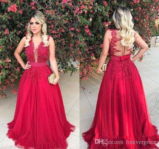 2019 rouge longue robe de bal une ligne sans manches vacances formelles porter l'obtention du diplôme robe de soirée sur mesure grande taille