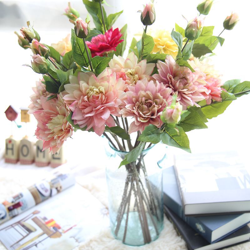 

6 Bouquets Silk Dahlias Wedding Bouquet Artificielles Pour Le Mariage Pompon Dahlias Flower for Wedding Home Party DIY, Pink