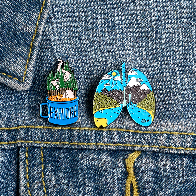

Lapel Pins EXPLORE Nature Enamel Adventure Mountain Forest Lake Earth Lung Cup Brooches And Pins Cartoon Jewelry For Outdoorsy Gifts
