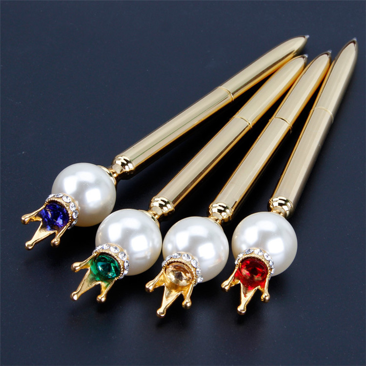 

Creative Big Pearl Head Metal Ballpoint Pen With Crystal Diamond Crown Student Stationery Writing Supplies, Gold