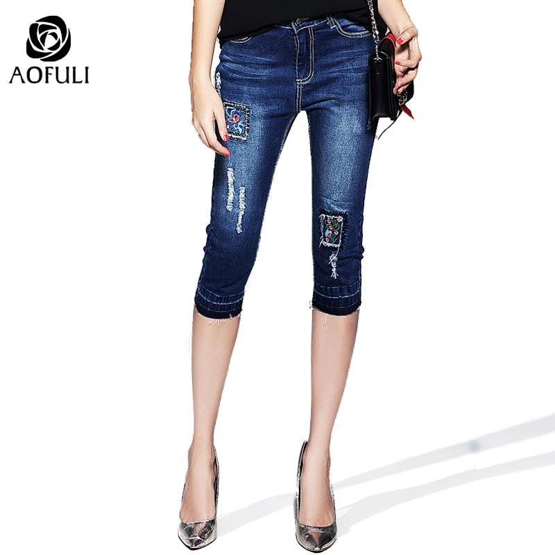 

size /M Flower Embroidery Patches Denim Trousers Summer Blue Jeans Women Pocket Boot Pants B5706