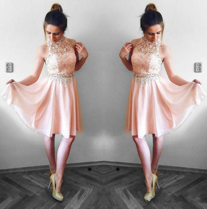 

Lovely 2019 Blush Pink Homecoming Dresses A Line Halter Lace Top Chiffon Mini Short Cocktail Dress Party Gowns Graduation Dress N19, Fuchsia
