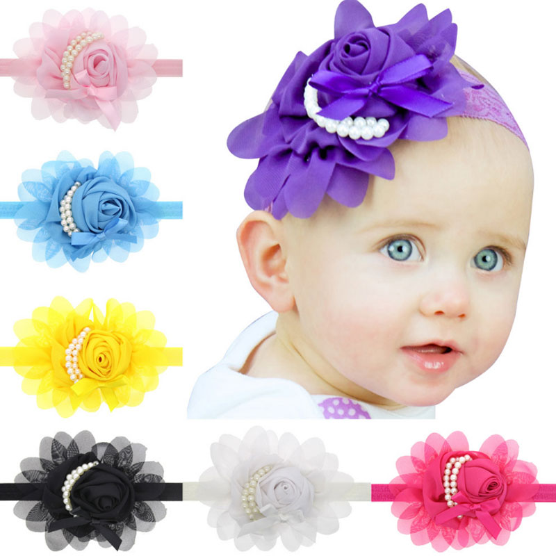 

Hot Baby Girl Pearl Beaded Headbands Kids Rose Satin Flower Bow Headdress Infants Hairband Children Headwear Photography Prop, Mixed