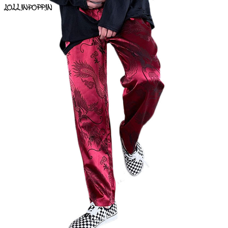 

Chinese Style Fashion Men Dragon Printed Casual Satin Pants Elastic Waist Mens Red Pants Straight Fit Vintage Man Trousers
