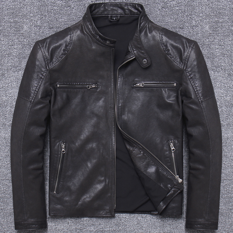 

Men 2020 New Genuine Vintage Sheepskin Leather Coat Casual Motorcycle Jacket Slim Fit Veste Cuir Homme L2244, Black