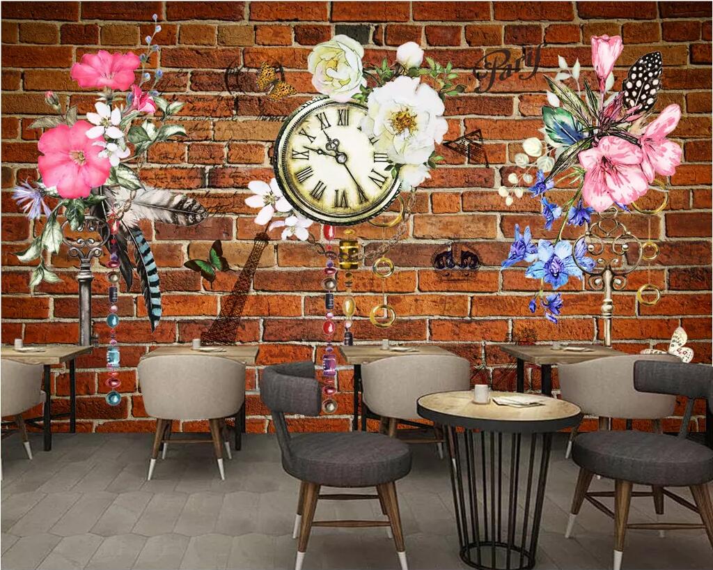 

3d room wallpaper custom photo non-woven mural Retro Vintage Nordic Flowers Watches Brick Wall Bars KTV Background wallpaper for walls 3 d, Picture shows