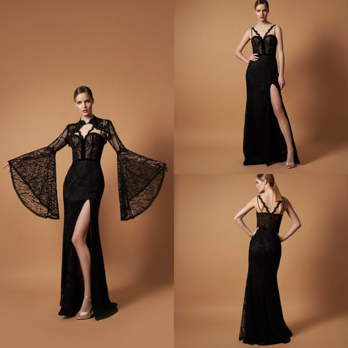 

Black Evening Dresses With Wrap Lace Applique V Neck High Side Split Mermaid Prom Dress Long Sleeve Custom Made Formal Party Gowns, Green