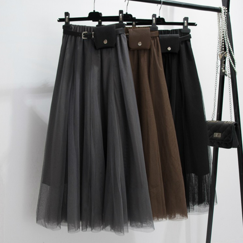 

Stylish Korean A-line Long Mesh Skirts With Belt Faux Leather Fanny Bag Gray Pleated Maxi Long Tulle Skirts, Black
