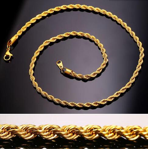 

Hip Hop 18K Gold Plated Stainless Steel 3MM Twisted Rope Chain Women's Choker Necklace for Men Hiphop Jewelry Gift in Bulk GB1187