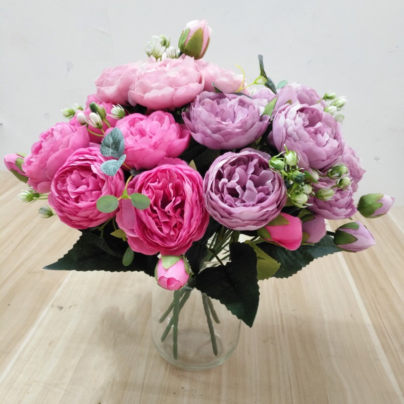 

30cm Rose Pink Silk Peony Artificial Flowers Bouquet 5 Big Head and 4 Bud Cheap Fake Flowers for Home Wedding Decoration indoor