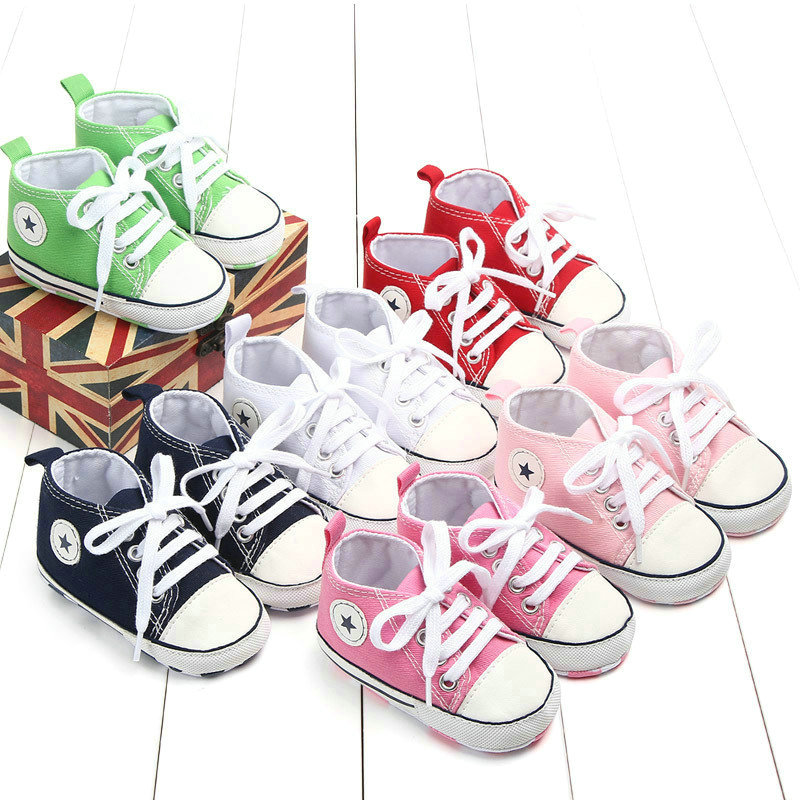 

Newborn First Walkers Crib Shoes Soft Bottom Anti-Slip Sole Unisex Toddler Infant Casual Canvas Baby Boy Girl Shoes 0-18Months, Mix
