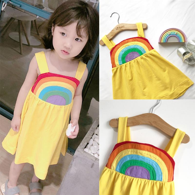 

Dress 2020 Summer Baby Girl Clothes Toddler Sleeveless Rainbow Print Backless Princess Dress 12M-3Y, Yellow