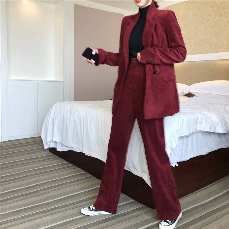 

Bella Philosophy Wonder 2020 NEW Solid Women Elegant Corduroy Blazer Notch Collar Jacket Female Wine Red Double Breasted Coat, Skirts