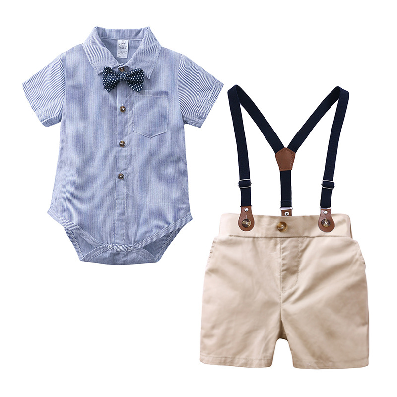

Summer fashion baby boy suit gentleman dress plaid shirt bow tie Siamese short-sleeved jumpsuit straps shorts suit baby clothes, White