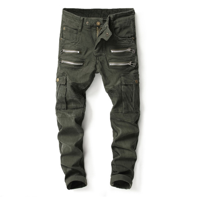

2018 Mens Skinny Ripped Biker Jeans Multi Pockets Cargo Pant Army Green Mens Pleated Pencil Jeans 004#, 004