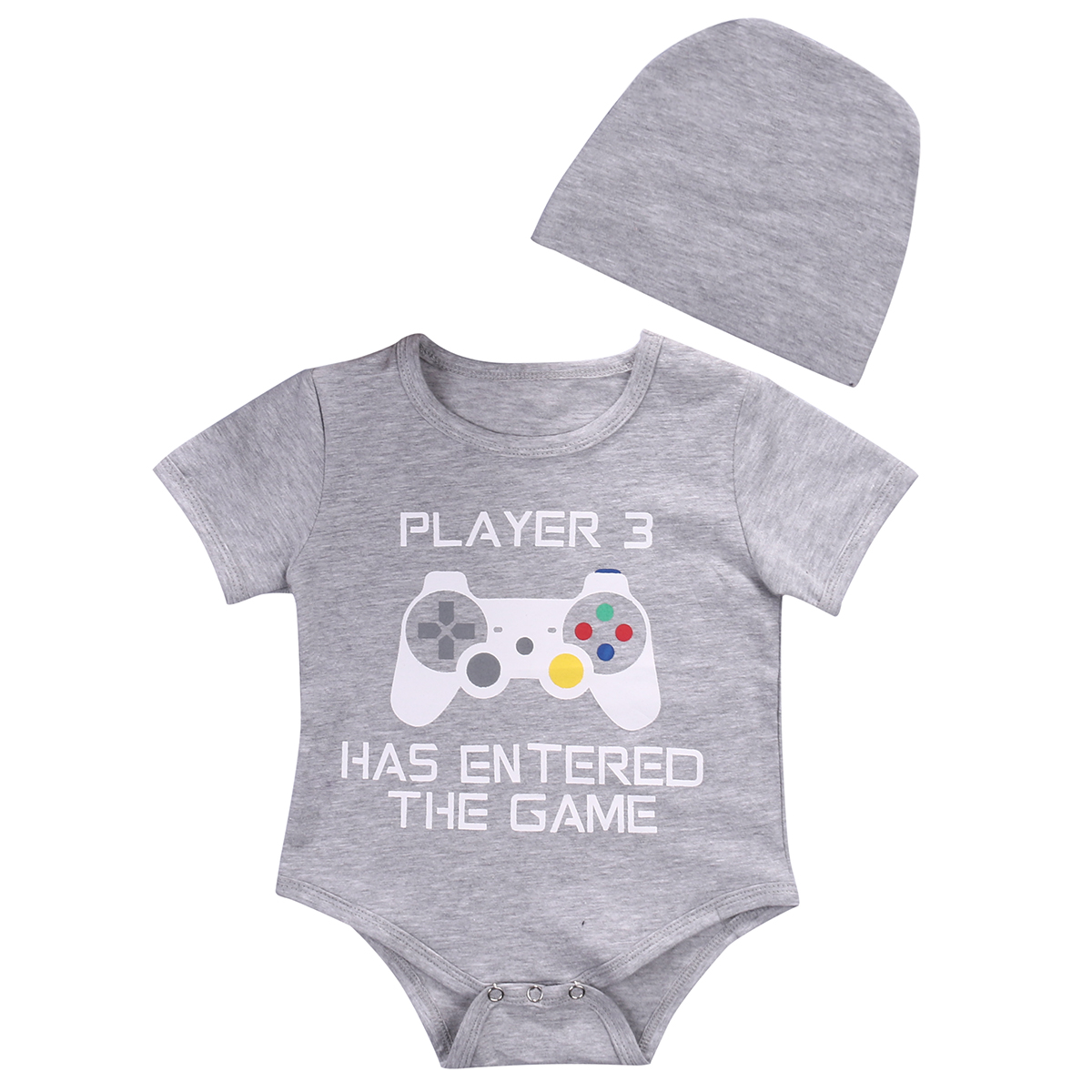 2pcs Baby Set Newborn Infant Baby Girl Boy Clothes Summer Short Sleeve Cartoon Cotton Grey Romper Jumpsuit+Hat Baby Outfits Set-image-471084765