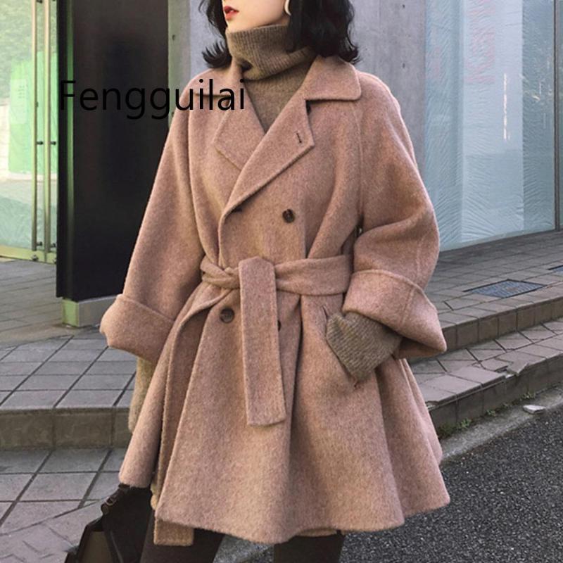 

Elegant Wool Blends Women Korean Autumn And Winter Warm Elegant Sashes Coat Brown Oversized Overcoat Retro Causal Outwear White, Black