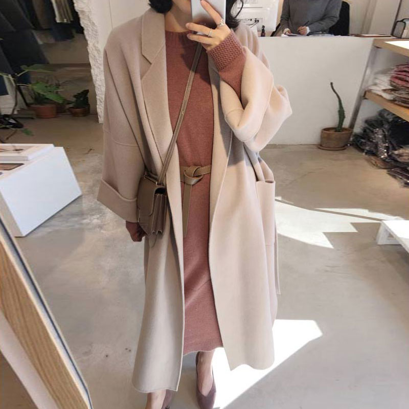 

New 2019 Women Woolen Coat Thicken Long Sleeve Medium-long Turn-down Collar Open Front Parka Belt Coat, Black