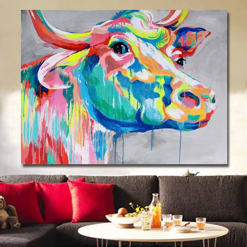 

HOT sale Handmade Abstract Animal color Cattle Oil Painting on Canvas Wall art picture for living room Home Decoration 190929