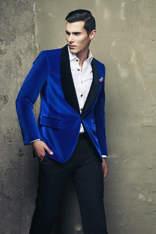 Tuxedos de marié en velours bleu royal, robe de mariée à revers noir, style automne-hiver, costume de bal formel pour hommes (veste + pantalon +