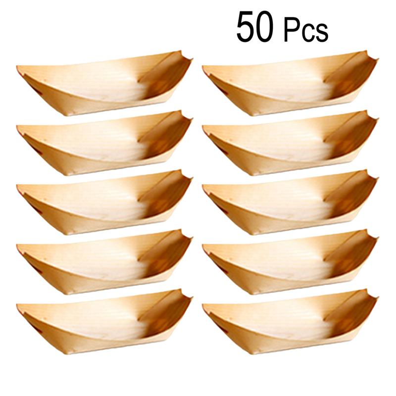 

50Pcs Disposable Boat Shape Wooden Tray Natural Birch Wooden Serving Plates Dishes For Foods Snacks Nibbles