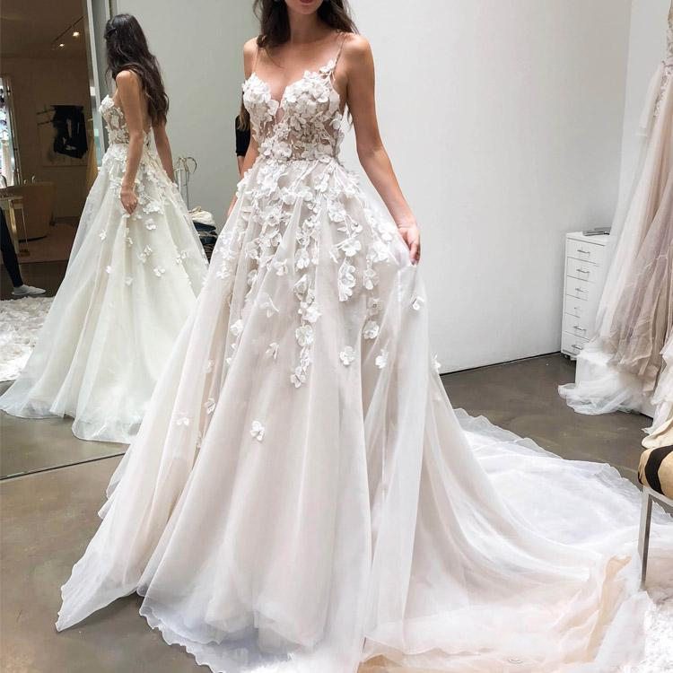 

3D Flower Fancy Wedding Dresses Backless Spaghetti Straps Floral Appliques A Line Sweep Train Romantic Bridal Gowns Custom Size, Light sky blue