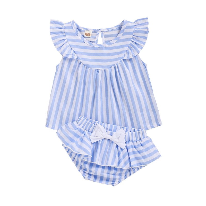 

Hot Sales Fashion Summer New Flying Sleeves Blue White Striped Baby Girl Suit Infant Toddler Clothing7, En8001