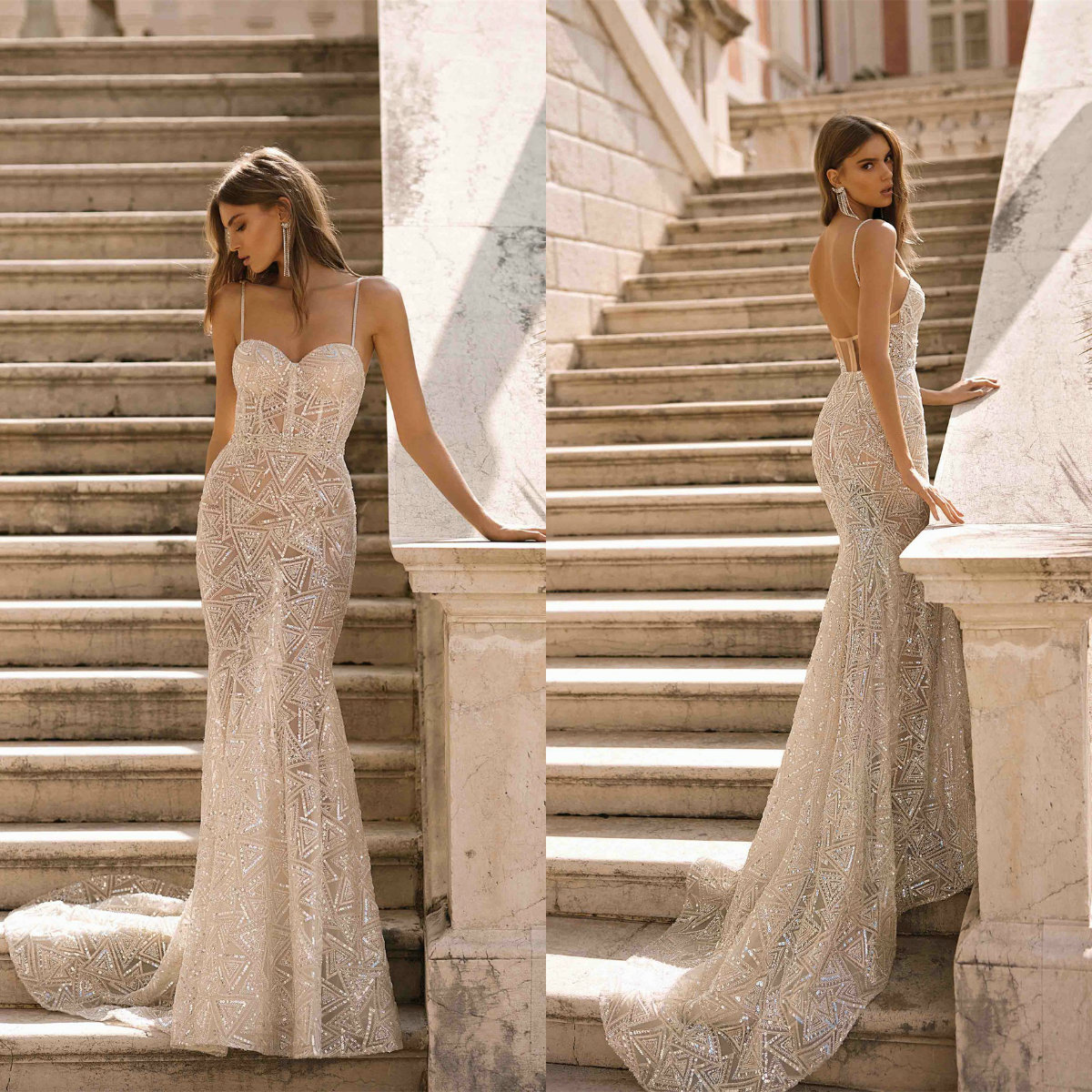 

Berta Glitter Mermaid Wedding Dresses Spaghetti Lace Appliqued Sequins Beaded Backless Illusion Bridal Gowns Custom Made Vestidos De Novia, Dark navy