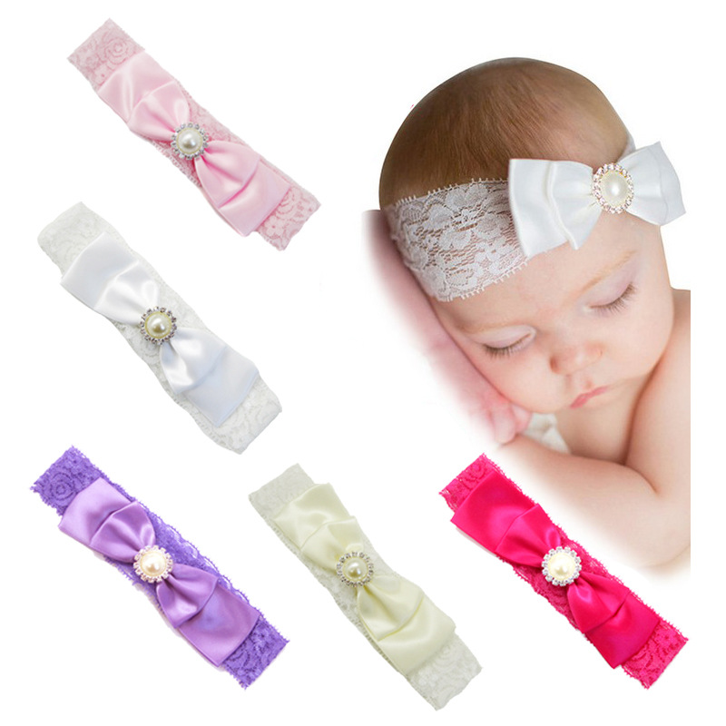 

Hot selling Baby Girl Lace diamond Headbands fashion soft Candy Color Bohemia Bow Children Infant Hair Accessories, Pink
