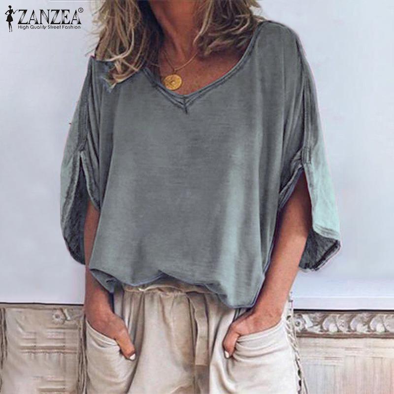 

Fashion Summer Half Sleeve Blouse 2020 ZANZEA Women V neck Solid Shirt Casual Loose Tunic Tops Robe Femme Blusas Femininas 5XL, Black