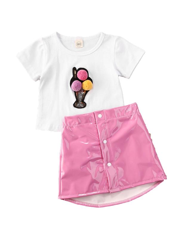 

Fashion Summer Kid Baby Girls Clothes Sets Short Sleeve Print T Shirts Tops+Pink PU Leather Skirts Girl Clothes Set 1-5Y, As pic